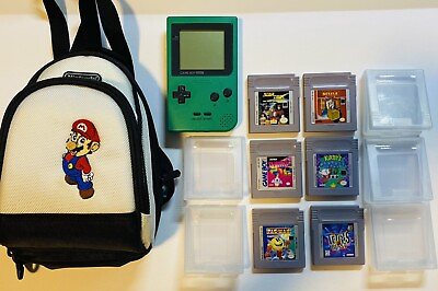 #ad Game Boy Pocket Green Bundle With Vintage Bag And Games Nintendo Tested $169.99
