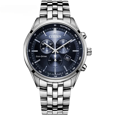 #ad Men’s Citizen® Eco Drive Chronograph Watch Leather Strap Men#x27;s Watch blue $250.00