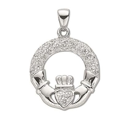 #ad Pave Set Claddagh Drop Pendant 30mm Sterling Silver GBP 27.76