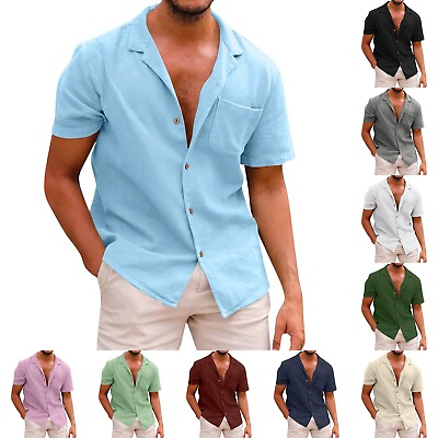 #ad Men#x27;s Summer Solid Color Tops Pocket Short Sleeve Shirts Business Casual Shirts $12.30