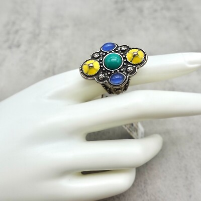 #ad Lucky Brand Ring Size 7 Womens Turquoise Blue Yellow Beads Enamel Boho Cocktail $19.99