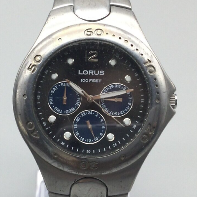 #ad Lorus Watch Men 37mm Silver Tone Black Dial Day Date New Battery 7.75quot; $22.49
