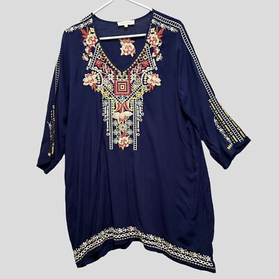 #ad Solitaire Women#x27;s Medium Navy Floral V Neck Rayon Embroidered Tunic $19.99