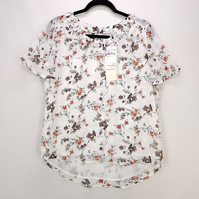 #ad Pleione Top Short Sleeve Flowy Floral White Women Size Small Layered Chiffon NEW $16.80