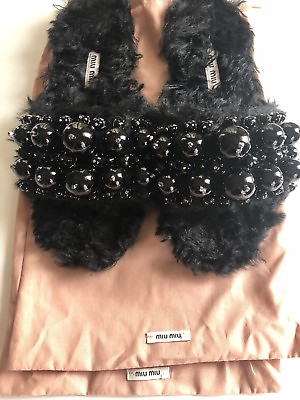 #ad * NEW* Miu Miu Embellished Faux Fur Pearl Slides Size 37.5 $525.00