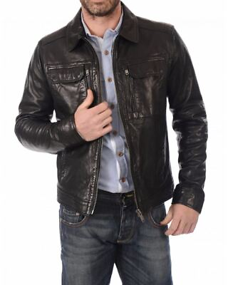 #ad Men#x27;s Black leather Jacket Genuine Real Soft Lambskin Leather Man Classic Coat $69.99