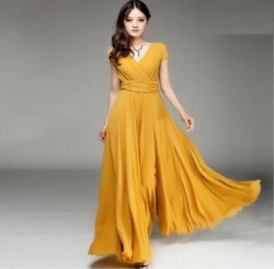 #ad Womens Chiffon V Neck Evening Party Cocktail Ball Gown Short Sleeve Maxi Dress $26.09