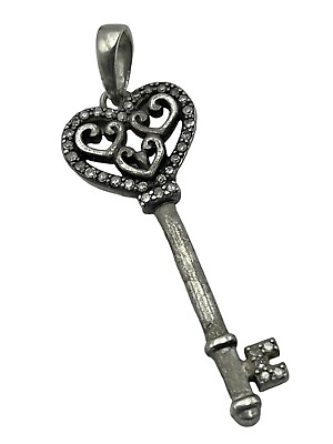 #ad VTG Sterling Silver Key Heart Charm Pendant CZ Diamonds with Bail Stamped 925 $11.99