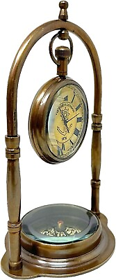 #ad Antique Shelf with Ship Decor Pocket Watch Maritime Brass Compass with Antique $37.94