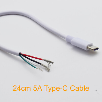 #ad 50pcs 20cm 8in USB C Type C Male Plug 2 4 wires Power Pigtail Cable DIY White 5A $40.79