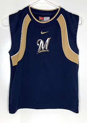 #ad Milwaukee Brewers Child Youth 7 Baseball Jersey sleeveless Blue Gold Plain back $17.09