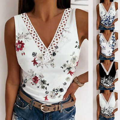 #ad Women Lace V Neck Sleeveless Tops Vest Ladies Boho Floral Summer T Shirts Blouse $15.69