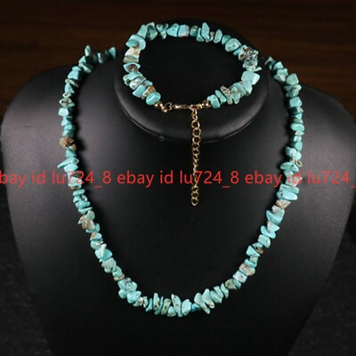 #ad Genuine Natural Blue Turquoise Irregular Gemstone Beaded Necklace Bracelet Set $4.59