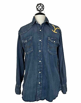 #ad Wrangler Yellowstone Pearl Snap Shirt Mens Blue Denim Western Cowboy Rodeo Sz M $24.00