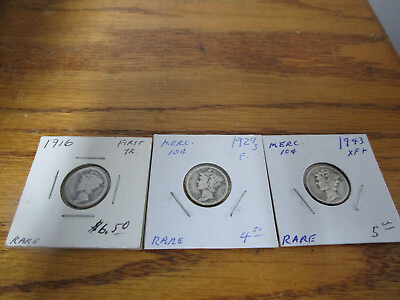 #ad Lot of 3 Mercury Dimes Silver Coins 1916 1929 amp; 1943 See pictures $30.00