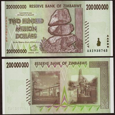 #ad 2008 Zimbabwe 200000000 Million Dollar Bank Note UNC Cond 17 424 C $5.75