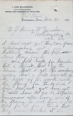#ad 1887 Handwritten letterhead J King McLanahan Miner Iron Ore Thomas Mc Auliffe TN $58.12