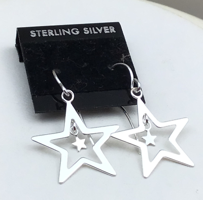 #ad Sterling Earrings 925 Silver Cut Out Star in Star Pierced Drop $18.00