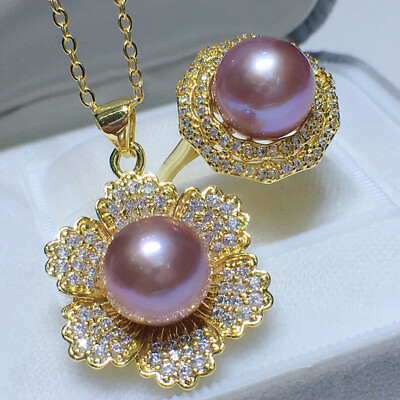#ad 10 11mm Purple south sea Pearl Pendant 18k filled Gold flower Ring Jewelry Set $38.99