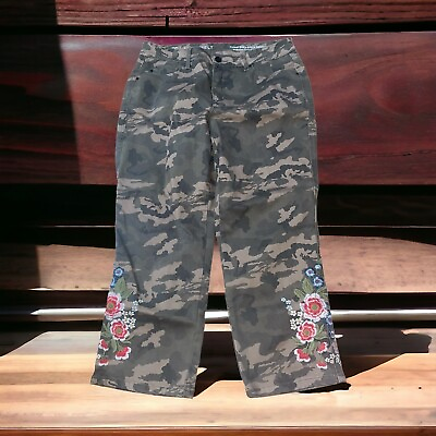 #ad Laurie Felt MP Power Silky Ankle Straight Camo Floral Embroidered Crop Pants $36.00