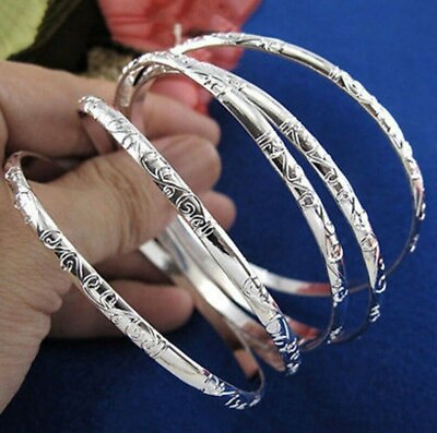 #ad 5pcs set Sterling Silver Handmade Simple Carving Flower Bracelet Bangle Gift $8.99
