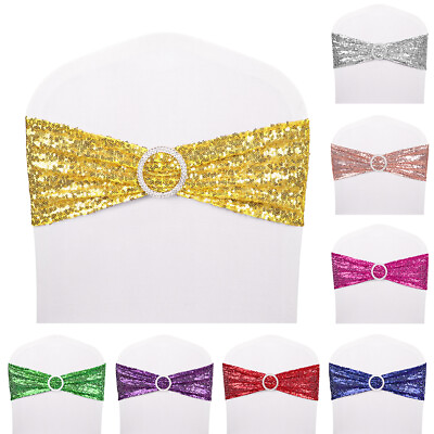 #ad 10 25 Spandex Sequin Chair Sashes Bow Band Cover Wedding Party Banquet w Buckle $14.98