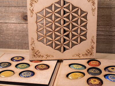 #ad CHAKRA Crystals Grid Board Wooden Box Flower of Life Self Care Kit E1756 $60.00