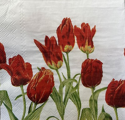 #ad TWO Individual Cocktail Decoupage Napkins Modern Red Lady Tulips Garden Flowers $1.95