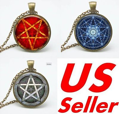 #ad Pentagram Glass Pendant Handcrafted Necklace W Chains Black Red Blue US Seller $4.99