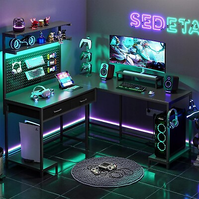 #ad L Shaped Gaming Desk with LED Lightsamp;Monitor Stand Computer Desk for Home Office $159.97