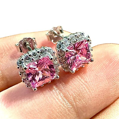 #ad Pink Tourmaline Earrings Sterling Silver 925 Stud Earrings for Women lab created $15.28
