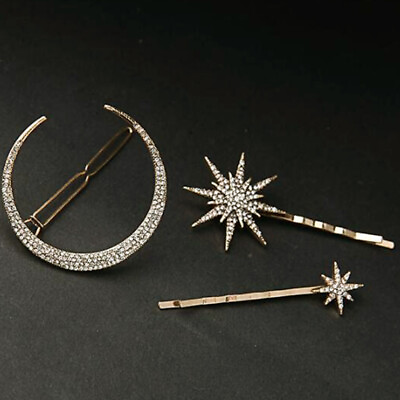 #ad 3 1X Star Moon Rhinestone Hair Clip Pin Metal Antique Gold Plating Fashion Jewel $1.10