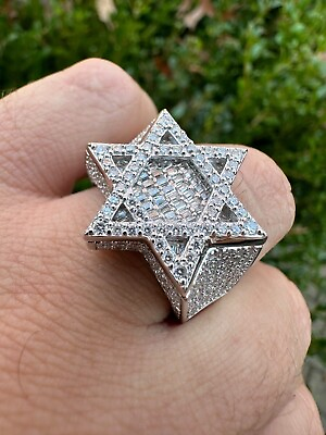 #ad Round MOISSANITE Iced Real Baguette Star Of David Ring For Men Solid 925 Silver $261.06