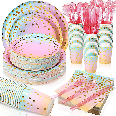 #ad 560 Pcs Rainbow and Gold Party Supplies for 80 Guests Disposable Dinnerware Kits $59.41