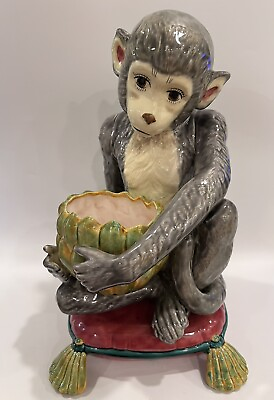 #ad Ceramic Large Monkey Sitting On Pillow 15quot;H Planter Vase Signed Hand Painted USA $169.00
