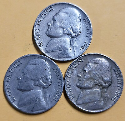 #ad 1941 P D S Jefferson Nickel 3 Coins Set GOOD VG FREE SHIPPING $3.25