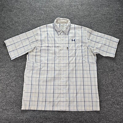 #ad Under Armour Mens Button Up Shirt Outdoors Casual Vented White Plaid Sz XL $10.99