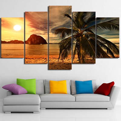 #ad Tropical Island Beach Sunset Palm Tree 5 Panel Canvas Print Wall Art Home Decor $37.69