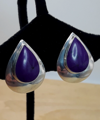 #ad Vintage Signed Southwestern Charoite Sterling Silver Teardrop Earrings 1.25quot; $27.99