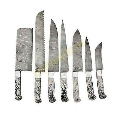 #ad 7 pc Handmade Grey Tx Handle Damascus Chef BBQ Kitchen knife Set $147.99