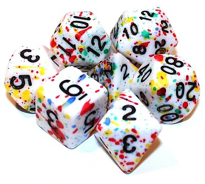 #ad 7 Piece Rainbow Splatter Polyhedral Dice Set w Blue Dice Bag RPG Damp;D $11.95