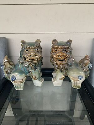 #ad pair of rare very large vintage Chinese foo fu dogs 9.5quot; tall $150.00