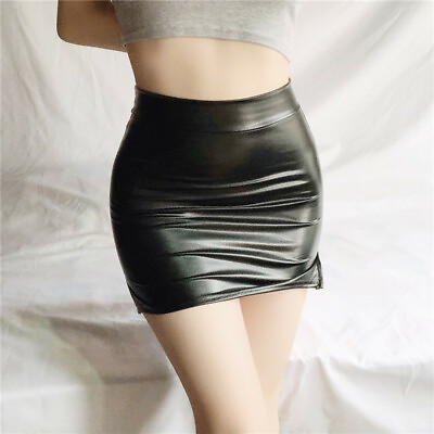 #ad Womens Sexy PU Leather Slit Mini Skirt High Waist Tight Stretch Wet Look Skirts $14.07