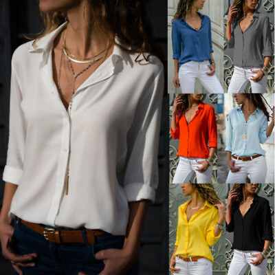 #ad Women#x27;s Chiffon Long Sleeve Button Down Shirt Blouse V Neck Tops S 5XL $12.99