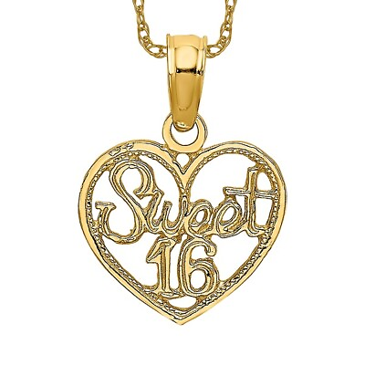#ad 14K Yellow Gold Sweet 16 inch Heart Love Necklace Charm Pendant $127.00