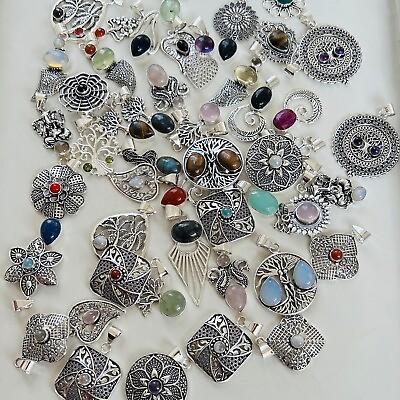 #ad LOT 925 Silver Plated Mix Gemstone Handmade Pendent Jewelry Wholesale Lot $66.00