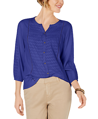 #ad Style amp; Co Womens Sapphire Blue Ladder Trim Bubble 3 4 Sleeve Blouse Size M NEW $14.88