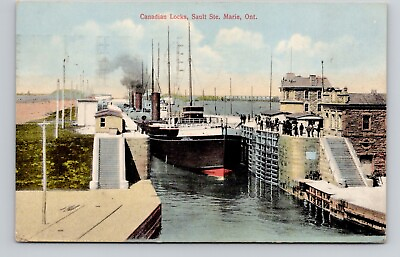 #ad Postcard Canadian Locks w Ship in Sault Ste Marie Ontario Canada Antique L6 $5.49