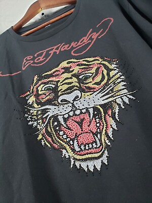 #ad New Ed Hardy Tiger Graphic Mens Size XXL T shirt with Rhinestone Art By Audigier $28.57