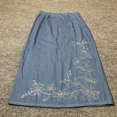 #ad Vintage Denim Skirt Womens 12 Blue Long Maxi Embroidered Modest $14.40